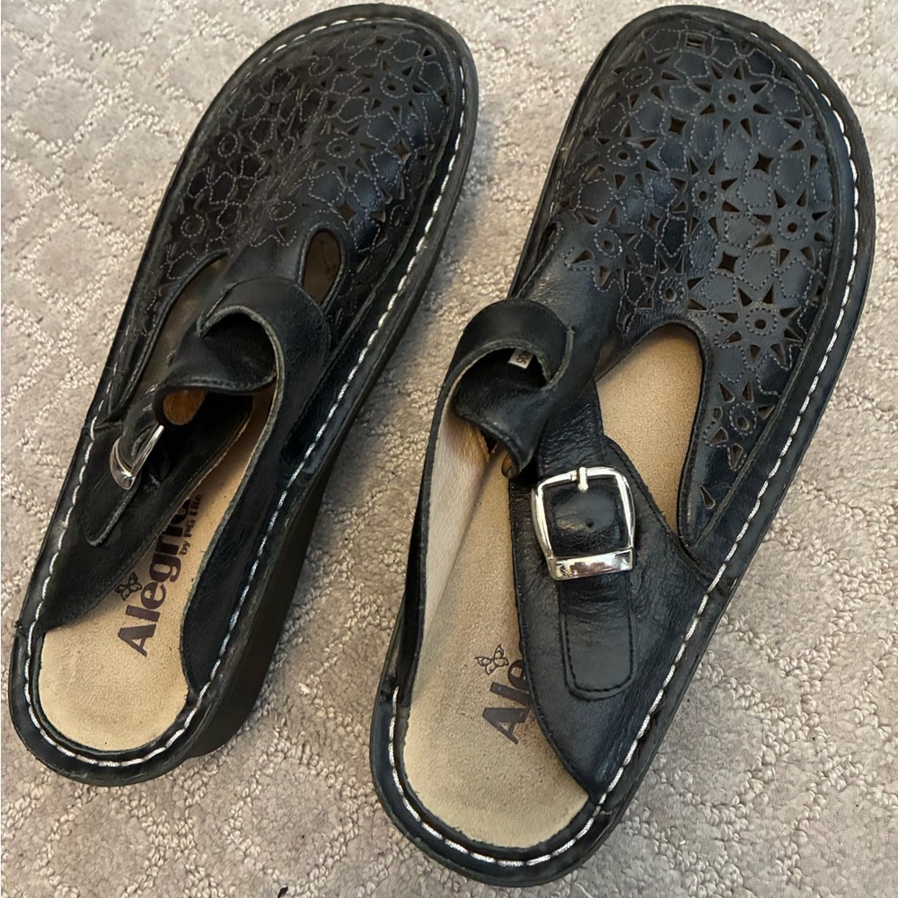 Alegria Black Leather Floral Clogs
